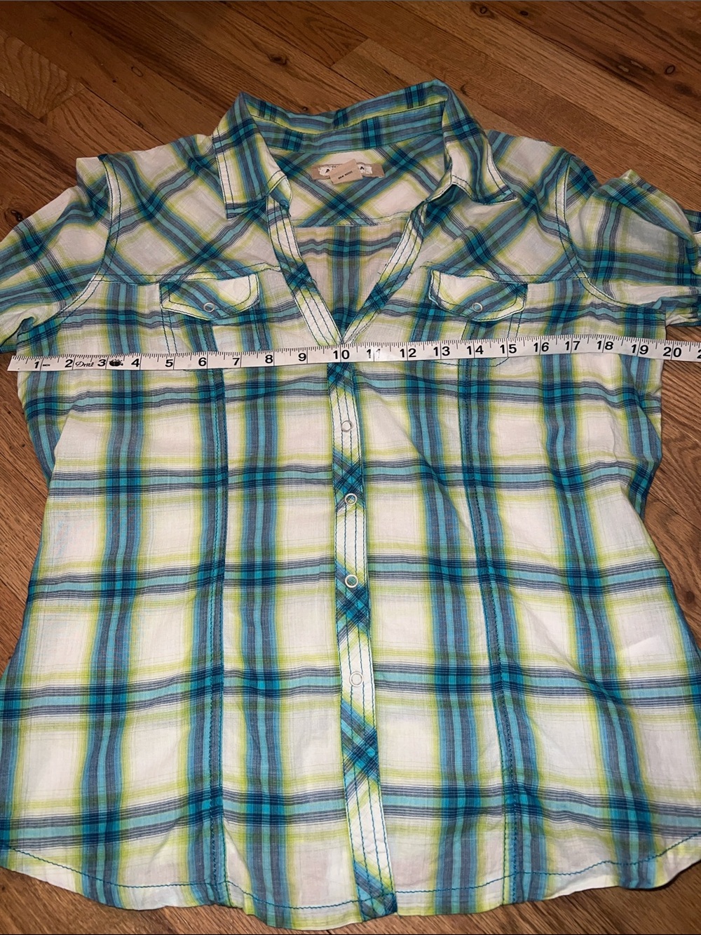 Arizona Jean Company Teal & Lime Plaid Button-Up Shirt Size Large - Picture 4 of 6